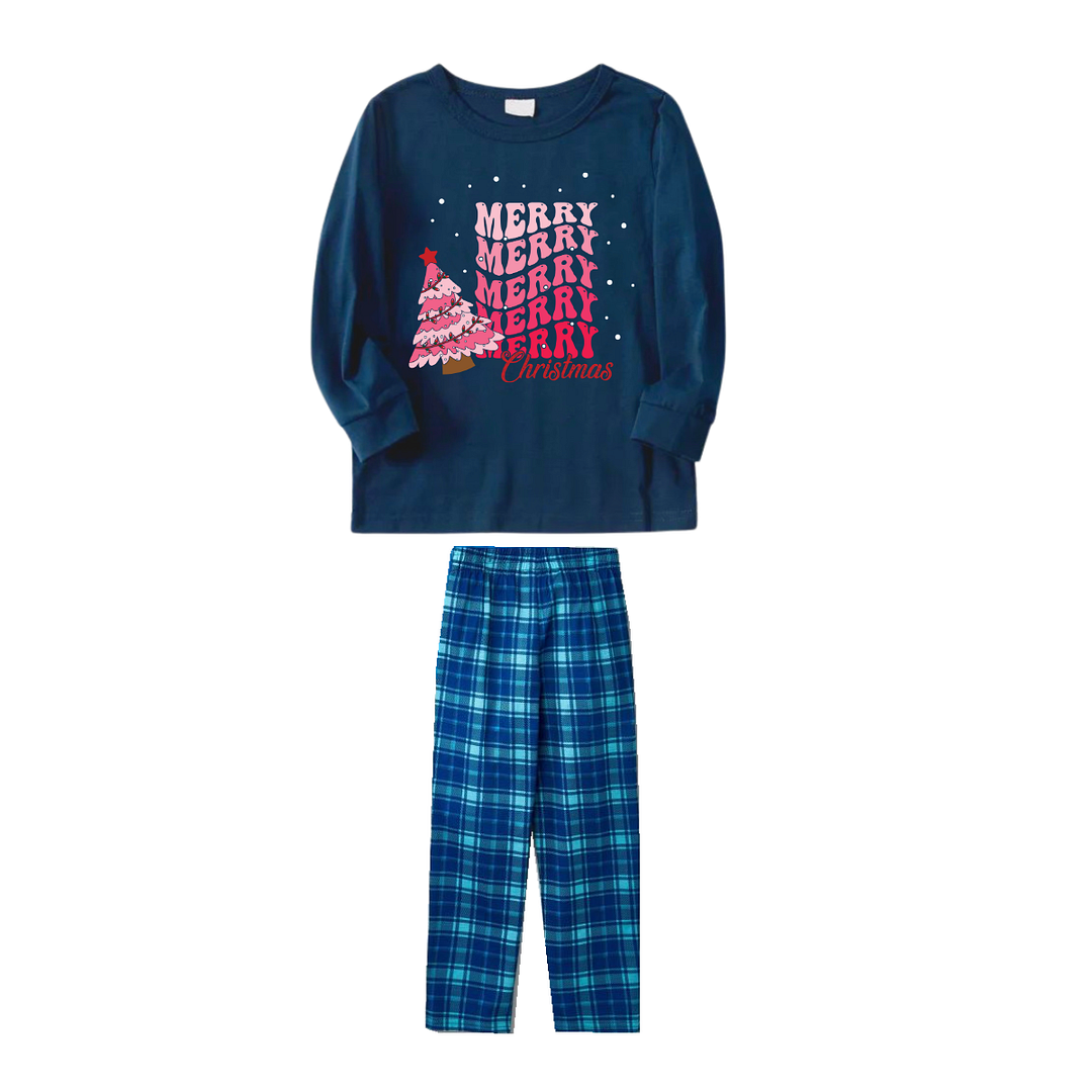 "Merry Christmas" and Tree Printed Blue Long Sleeve Top With Blue Plaid Family Matching Pajamas