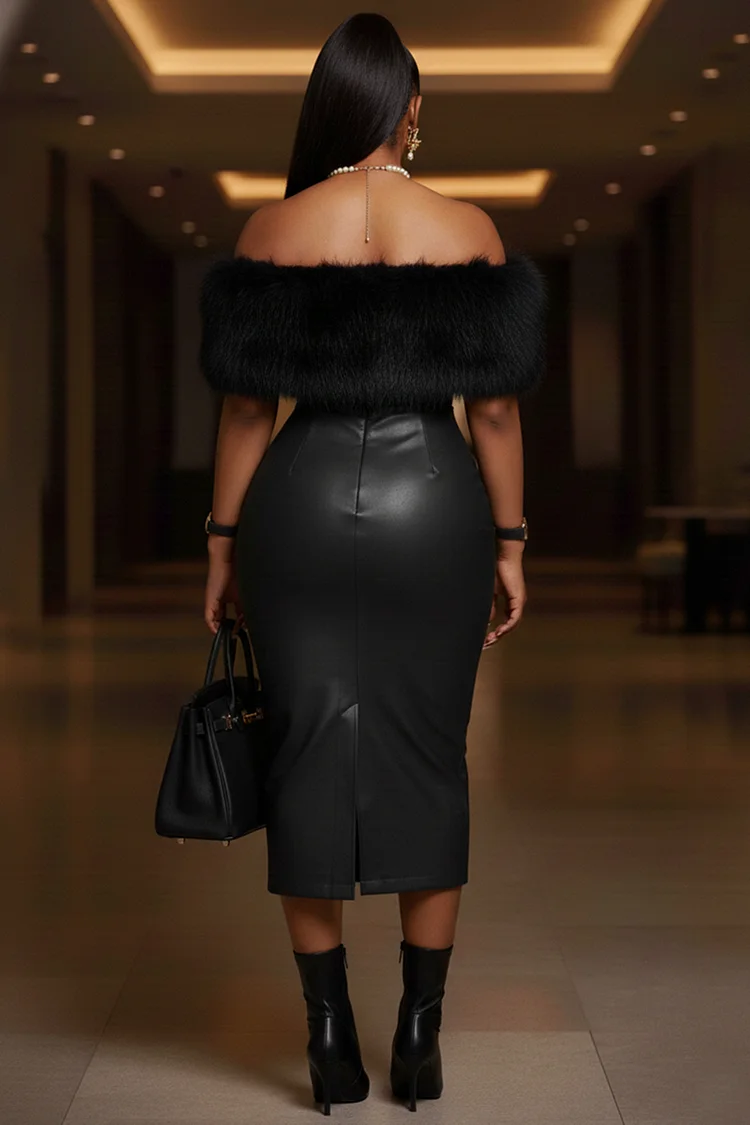 Off Shoulder Fuzzy Bandeau PU Leather Party Midi Dresses-Burgundy [Pre Order]