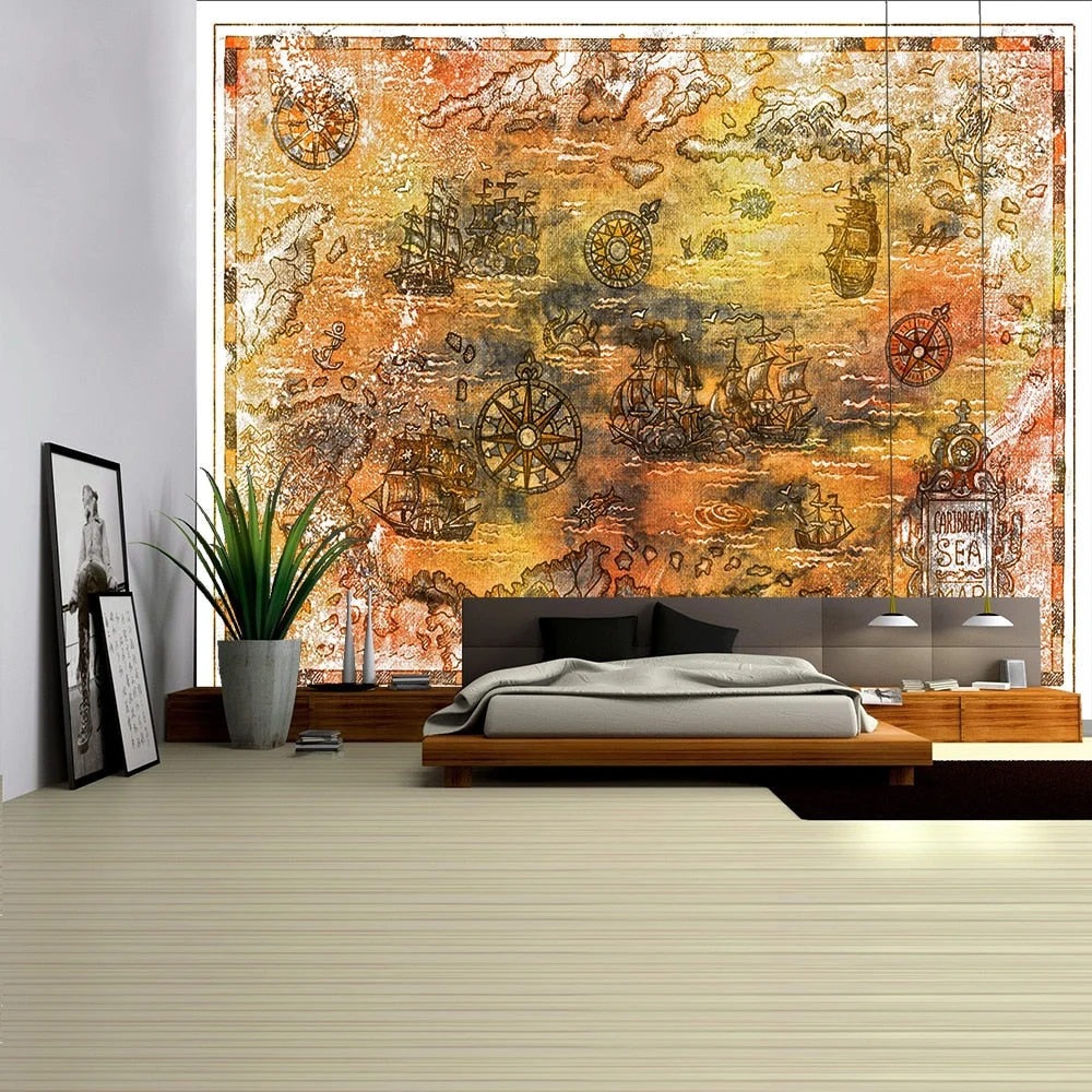 Pirate Treasure Map Tapestry Wall Hanging Bohemian Beach Mat Polyester Thin Blanket Yoga Shawl Mat Blanket New