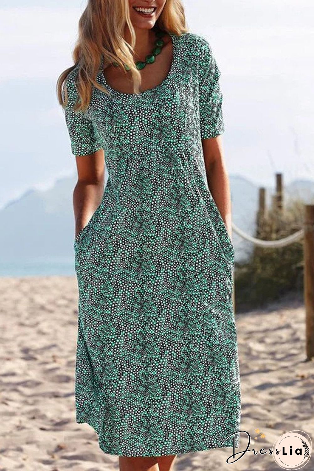 Scoop Neck Dots Printed Midi Dress