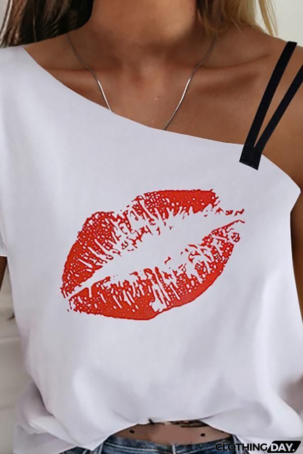 Stylish Lip Printed One Shoulder T-shirt (2 Colors)