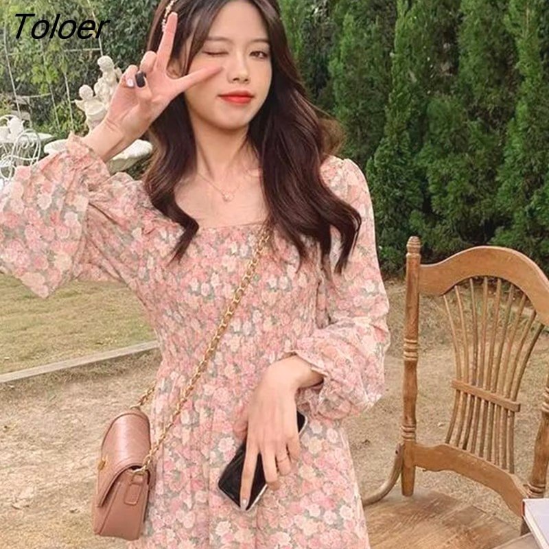 Toloer Sleeve Dress Women Spring Floral Print Elegant Square Collar Sweet Ruffle Midi Dresses Retro Streetwear Folds Gentle Casual