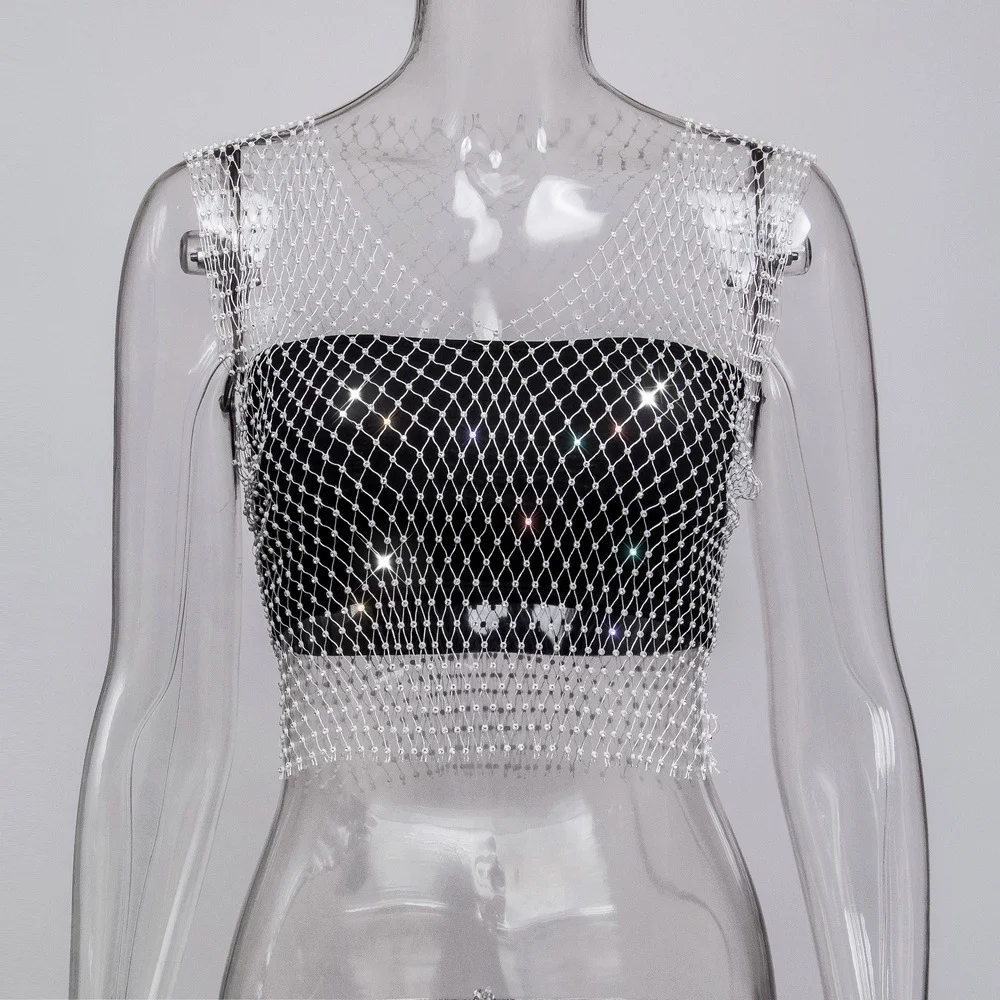 Uveng Uveng Nightclub Dresses Fishnet Hollow Out Rhinestone Vest Mesh Flash Diamond Sling Top Female