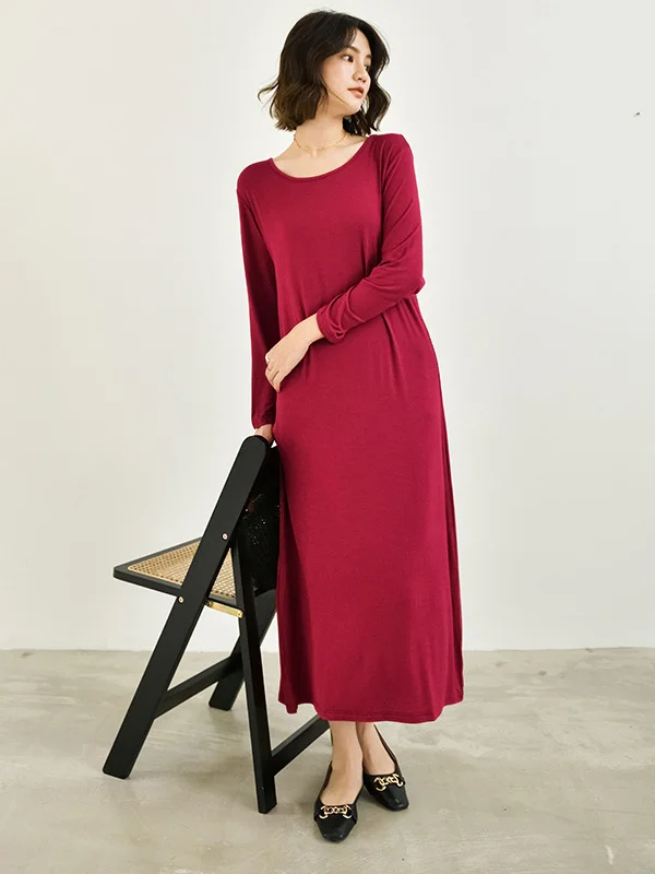 Simple Long Sleeves Loose Solid Color Round-Neck Midi Dresses