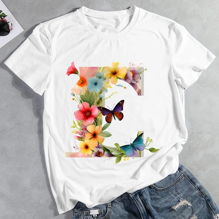 Butterfly Alphabet E Round Neck T-shirt