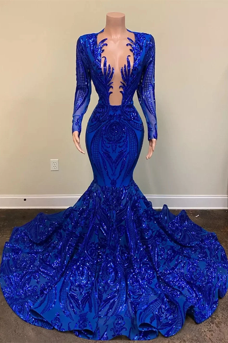 Royal Blue Sequins Prom Dress Mermaid Long Sleeves PD0577