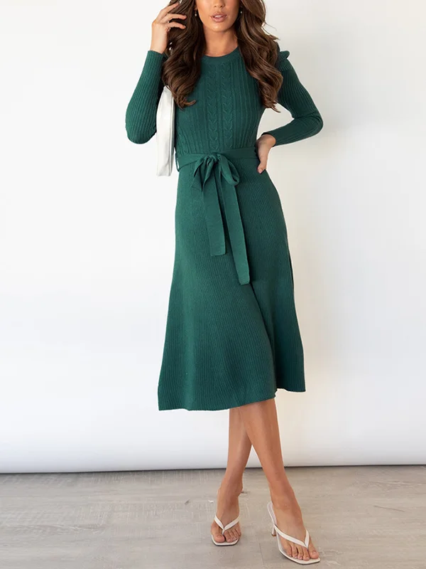 High Waisted Long Sleeves Solid Color Tied Waist Round-Neck Midi Dresses Sweater Dresses