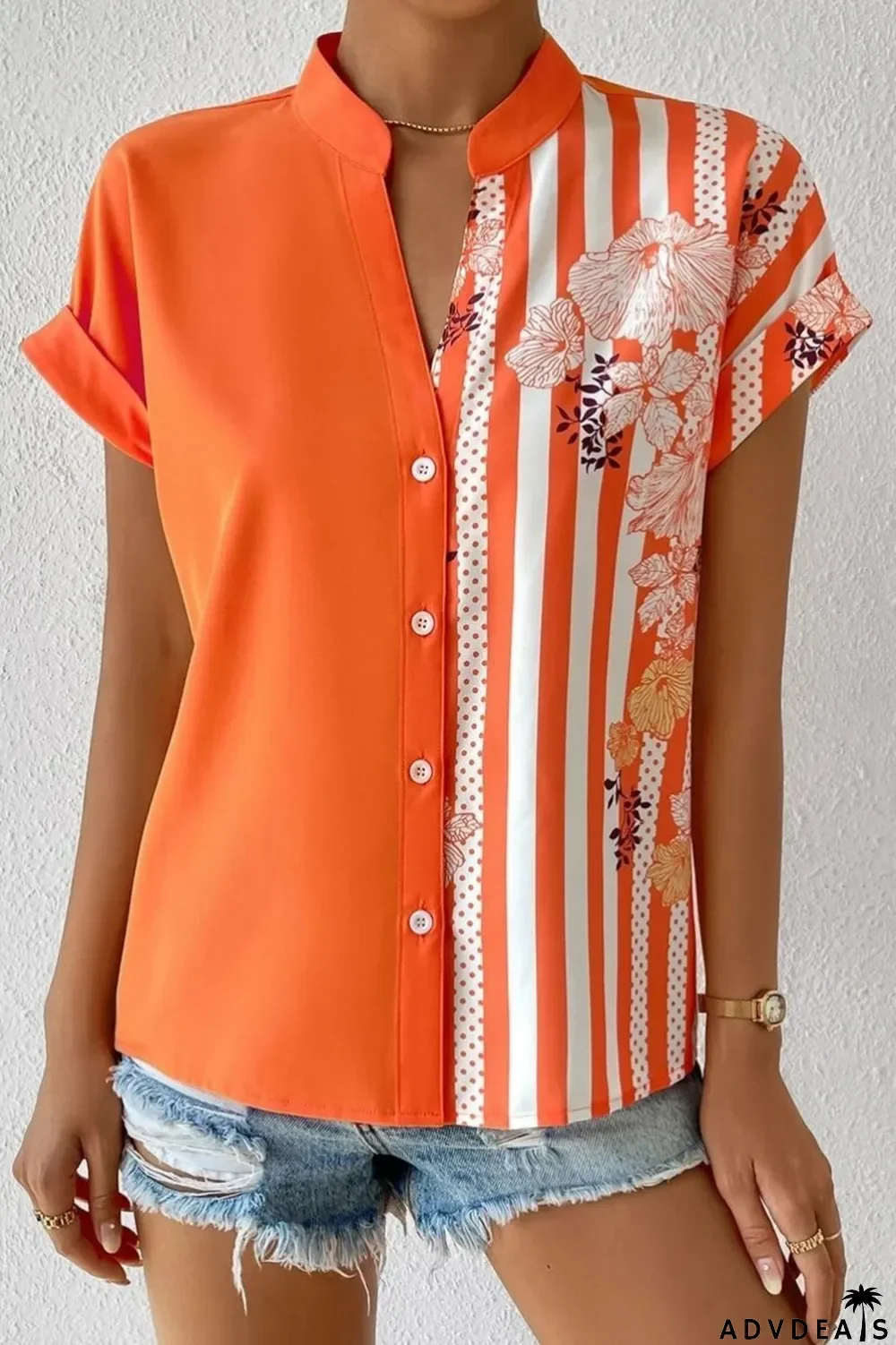 Green Casual Print Patchwork V Neck Tops