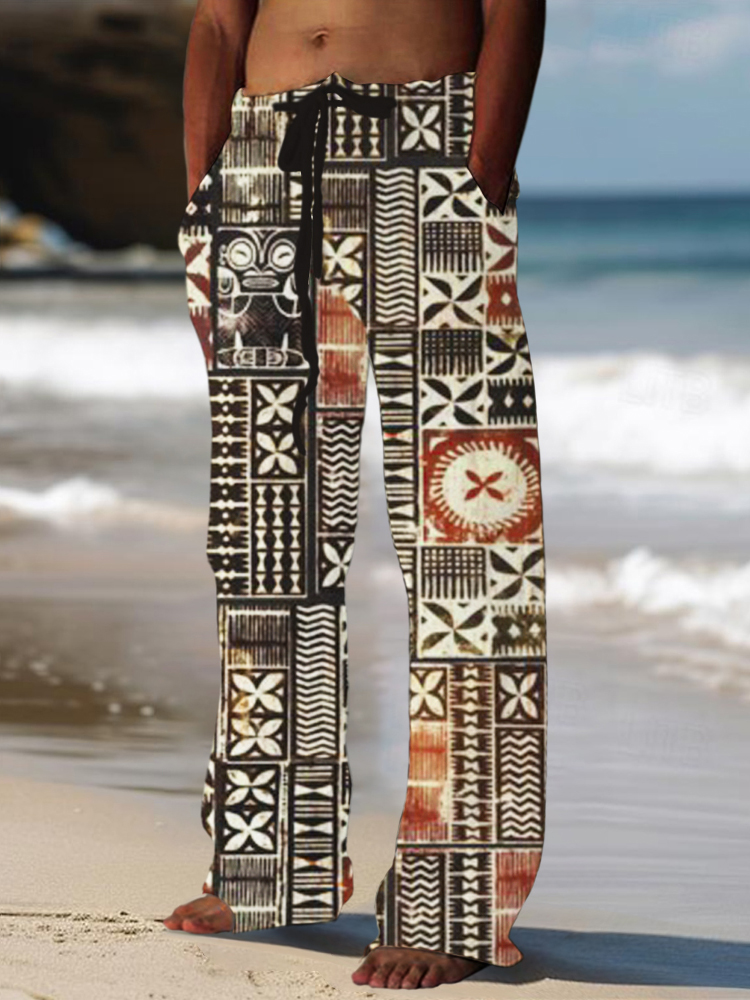 Polynesian Art Geometric Pattern Men's Linen Trousers