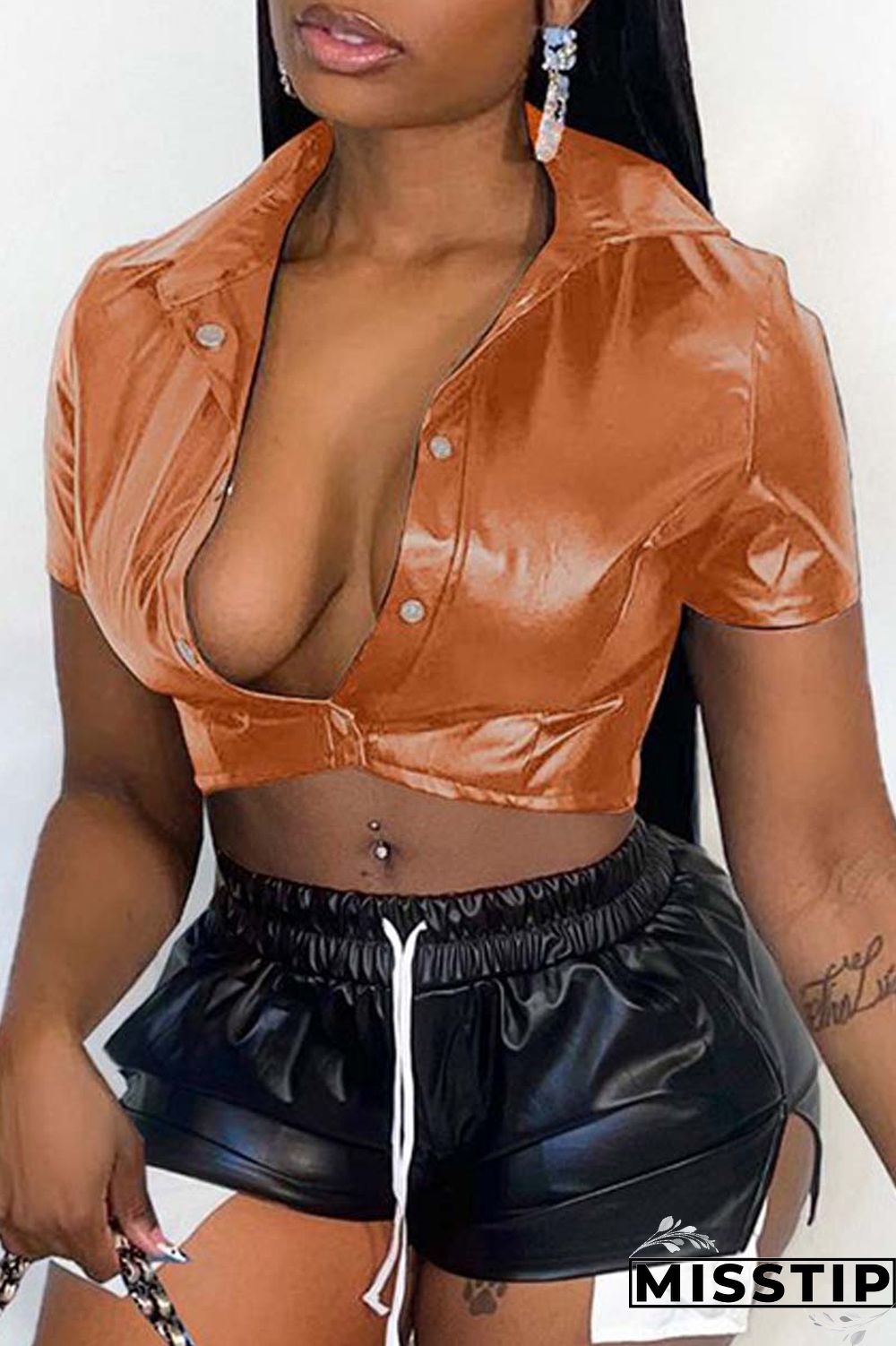 Orange Casual Solid Patchwork Turndown Collar Tops