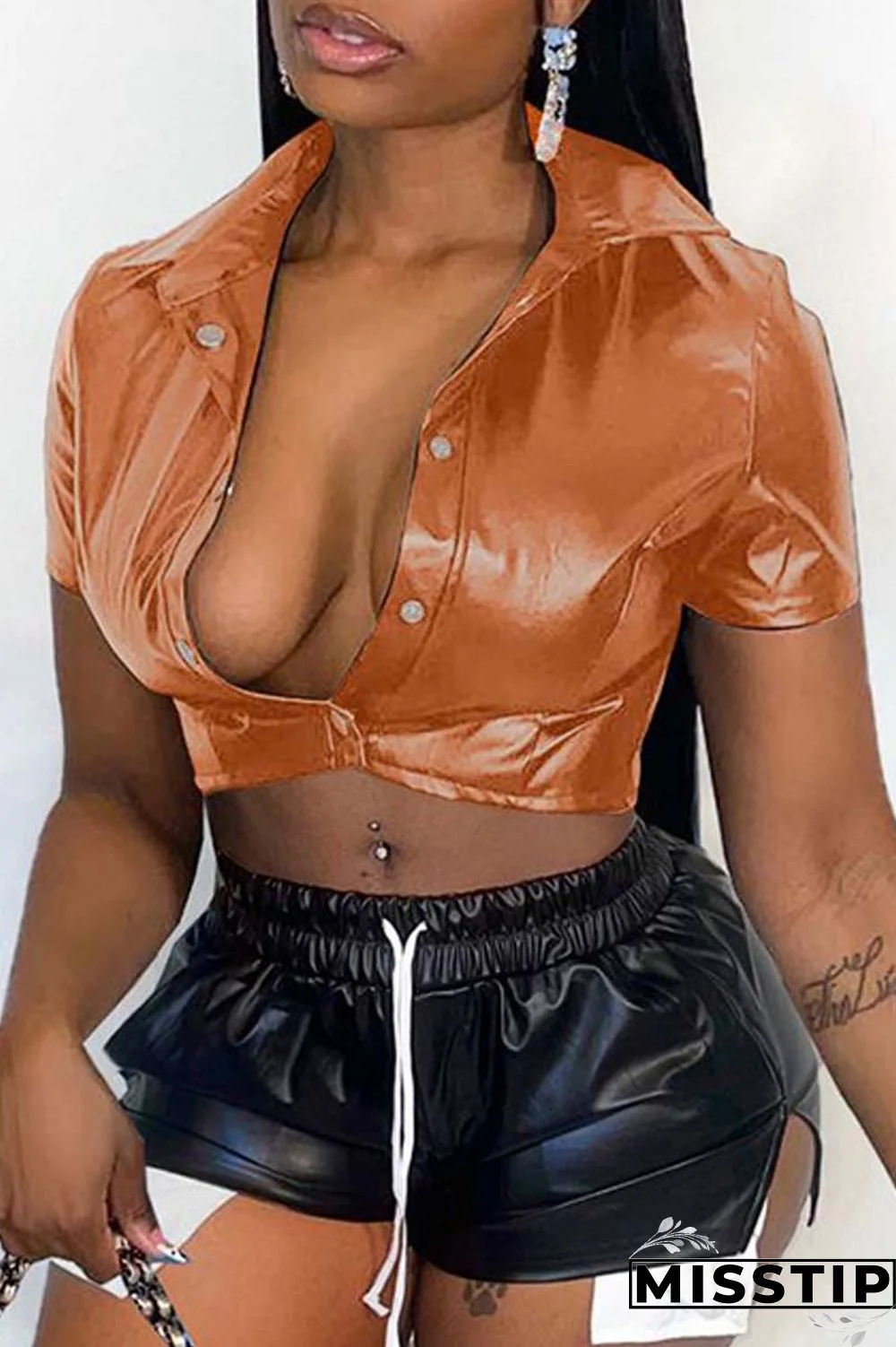 Orange Casual Solid Patchwork Turndown Collar Tops