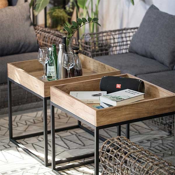 GLVEE Solid Wood Wrought Iron Coffee Table
