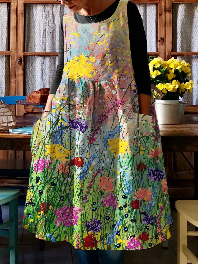 Flowers Oil Painting Art Midi Pinafore Dress