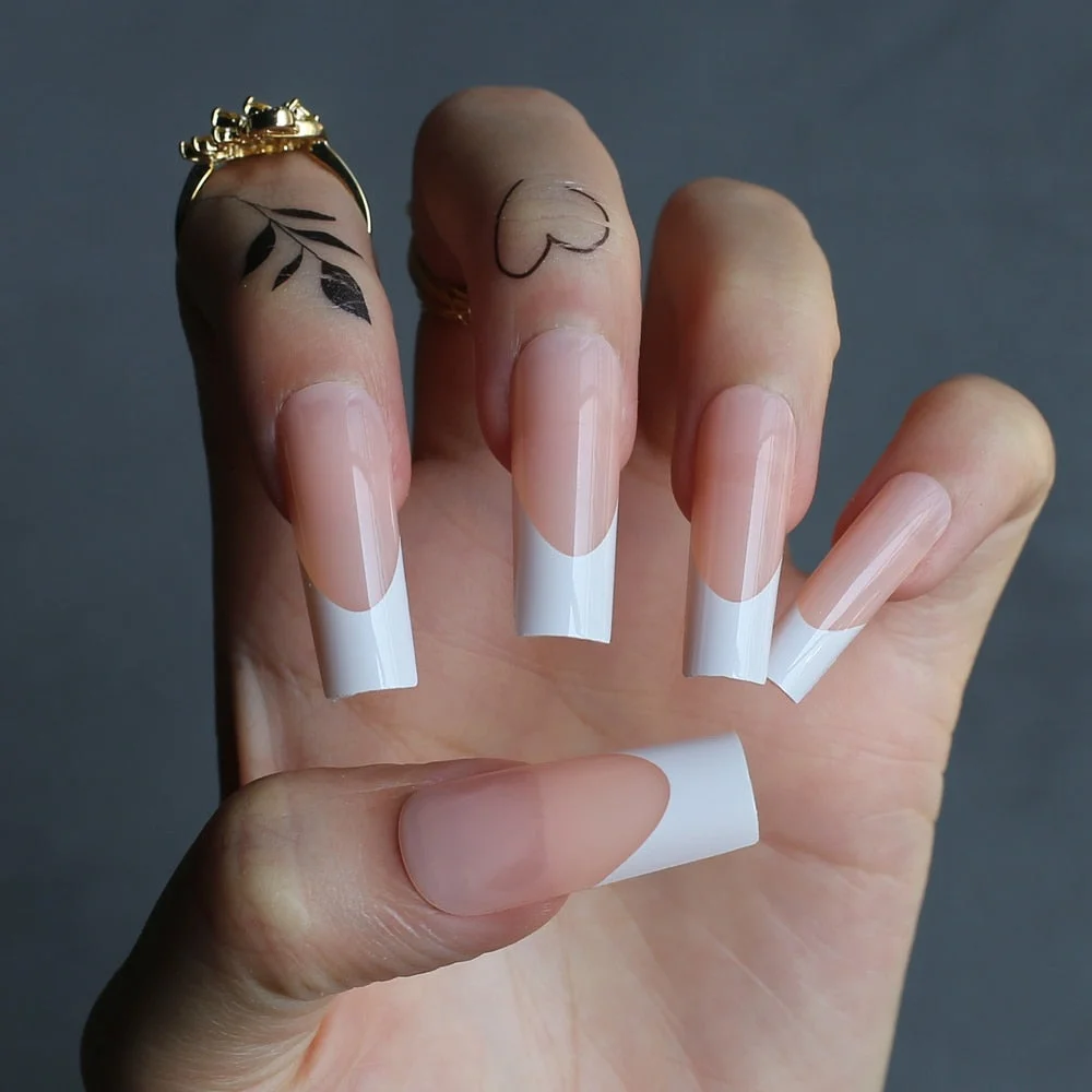 Gel Exquisite French Coffin Baby nude Acrylic nails salon 24pcs Baby pink Fake nails ballet UV glossy reuseull wholesale droship-Nail Inspo