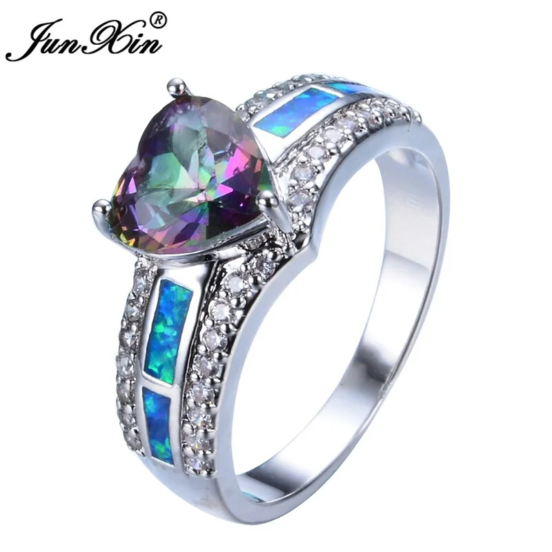 JUNXIN Blue Fire Opal Ring With Rainbow Zircon Gold Filled Fashion Jewelry Vintage Men Women Wedding Rings Gifts RP0034