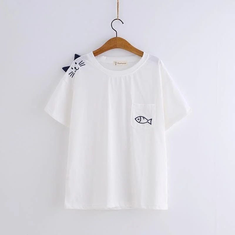 Final Stock! White Kawaii Cat Fish T-Shirt SP1812032