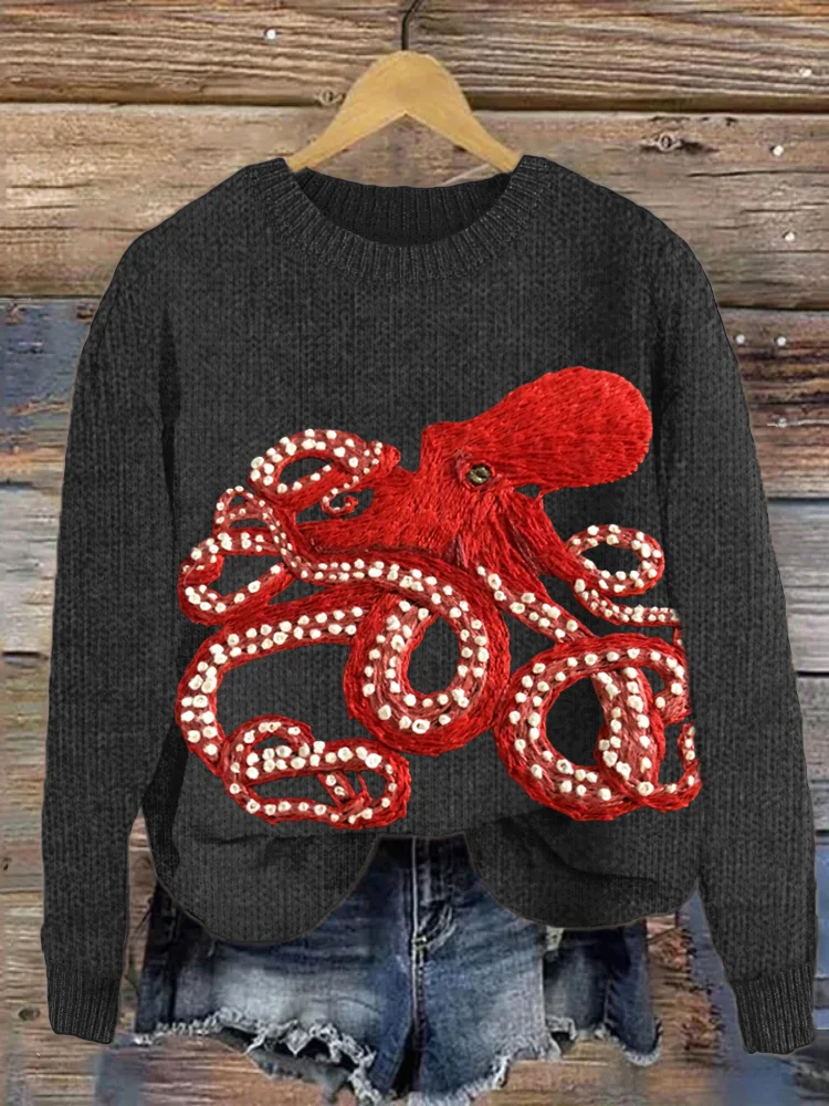 Octopus Embroidery Cozy Knit Sweater