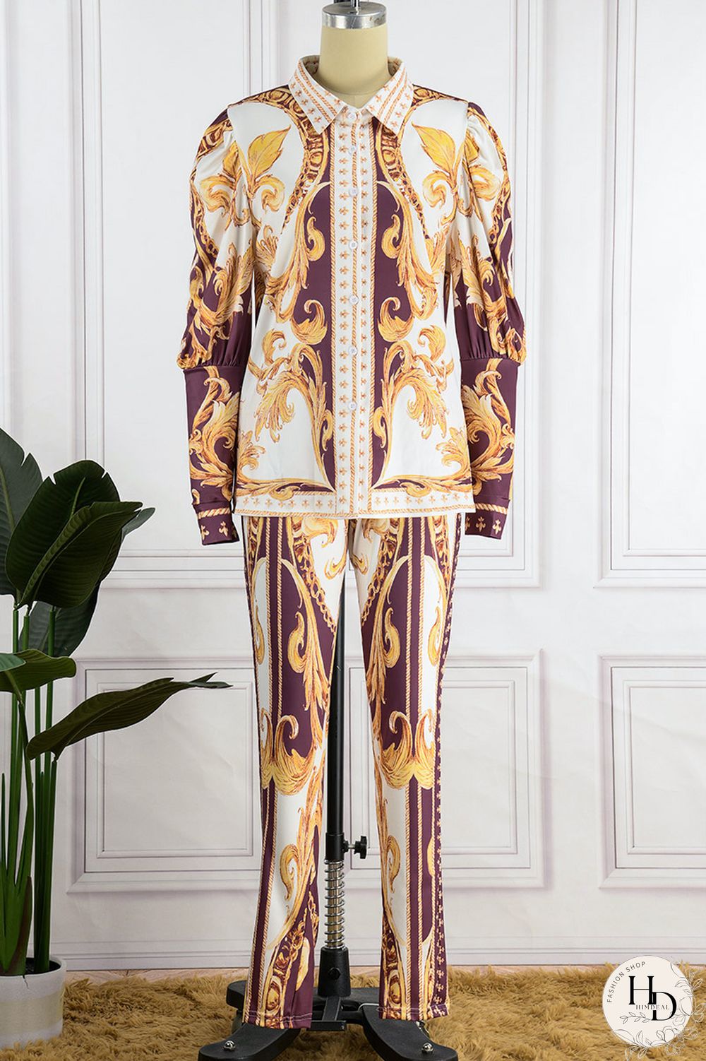 Brown Casual Print Patchwork Turndown Collar Long Sleeve Two Pieces