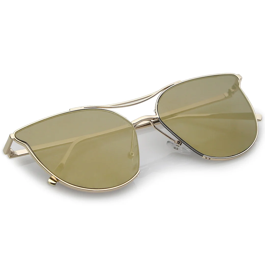 Modern Metal Cat Eye glasses With Double Nose Bridge Round Mirrored Flat Lens 55mm