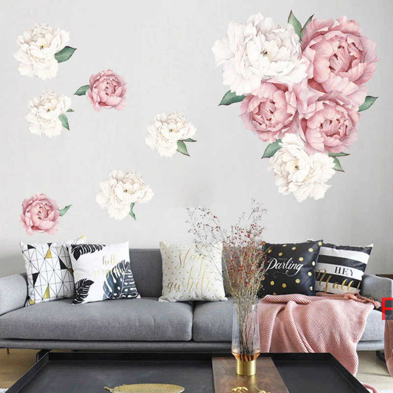 Peony Rose Flowers Print Wallpaper Stickers Art Nursery Decals For Kids Living Room Interior Decoration Decals Wall Sticker