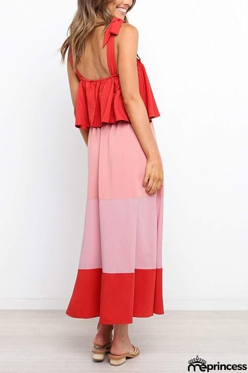 Color Block Bow Slip Maxi Dress