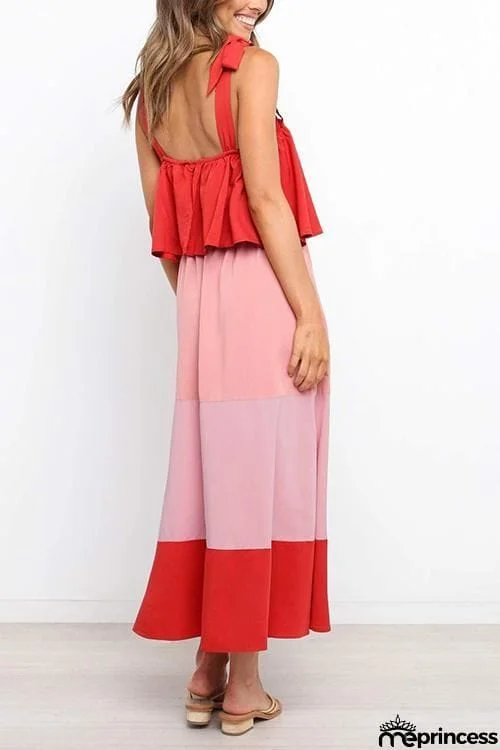 Color Block Bow Slip Maxi Dress