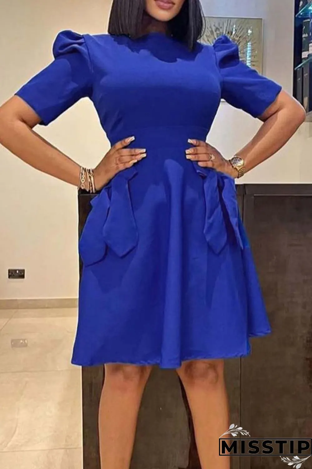 Orange Casual Solid Patchwork With Bow O Neck Short Sleeve Dress