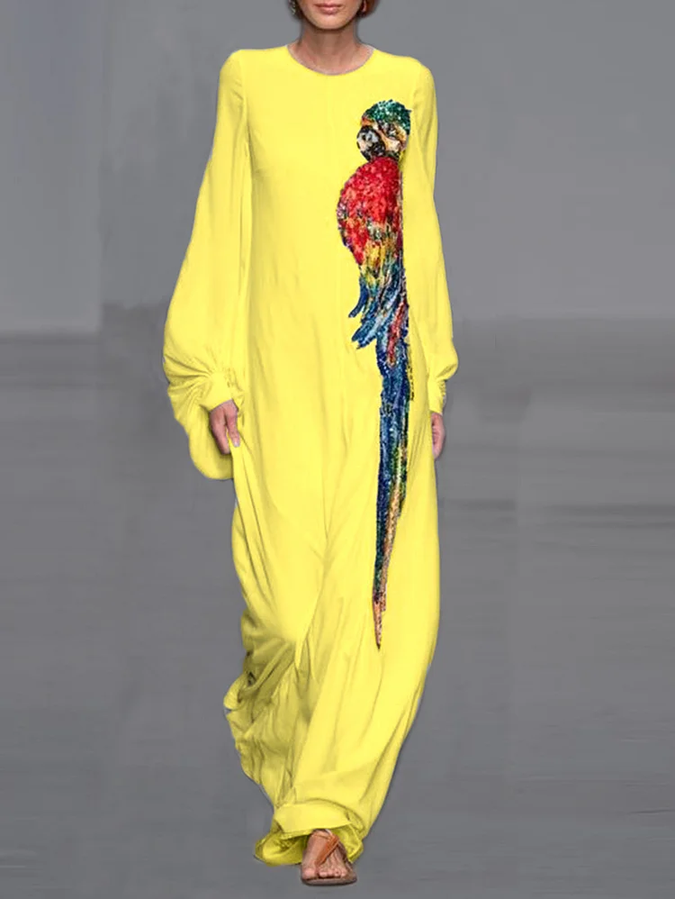 Balloon Sleeve Bird Pattern Floor Length Crew Neck Dress