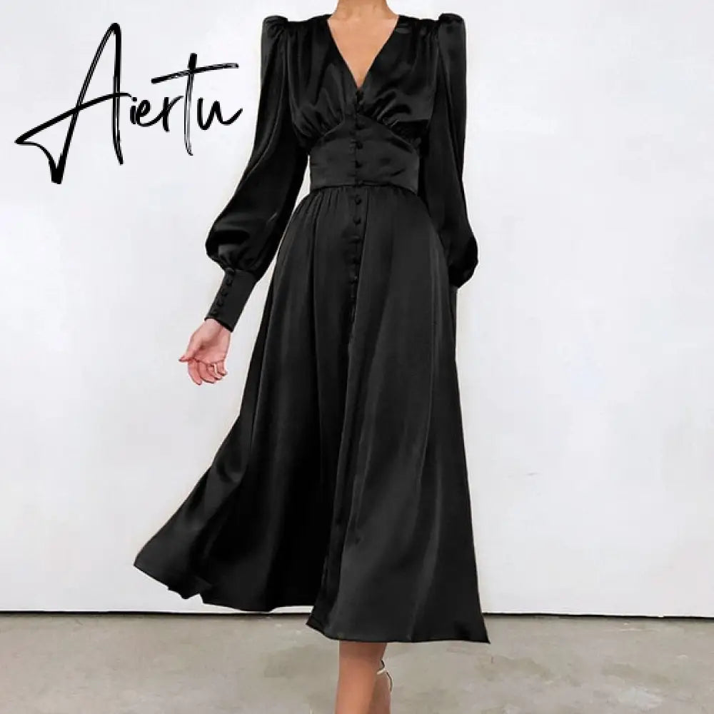 Satin Long Dress Women Puff Sleeve Spring V-Neck Party Pleated Dress Casual Elegant Bodycon Dress Ladies Chic Ruched Dresses Aiertu
