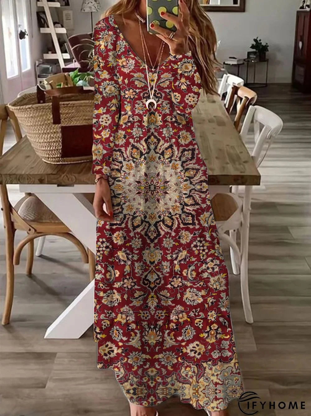 V Neck Loose Casual Ethnic Dress | IFYHOME