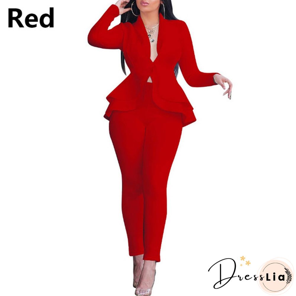 Women's Formal Work Blazer Jacket Pants Business Office Outfits Suit Set Ruffle Solid Color
