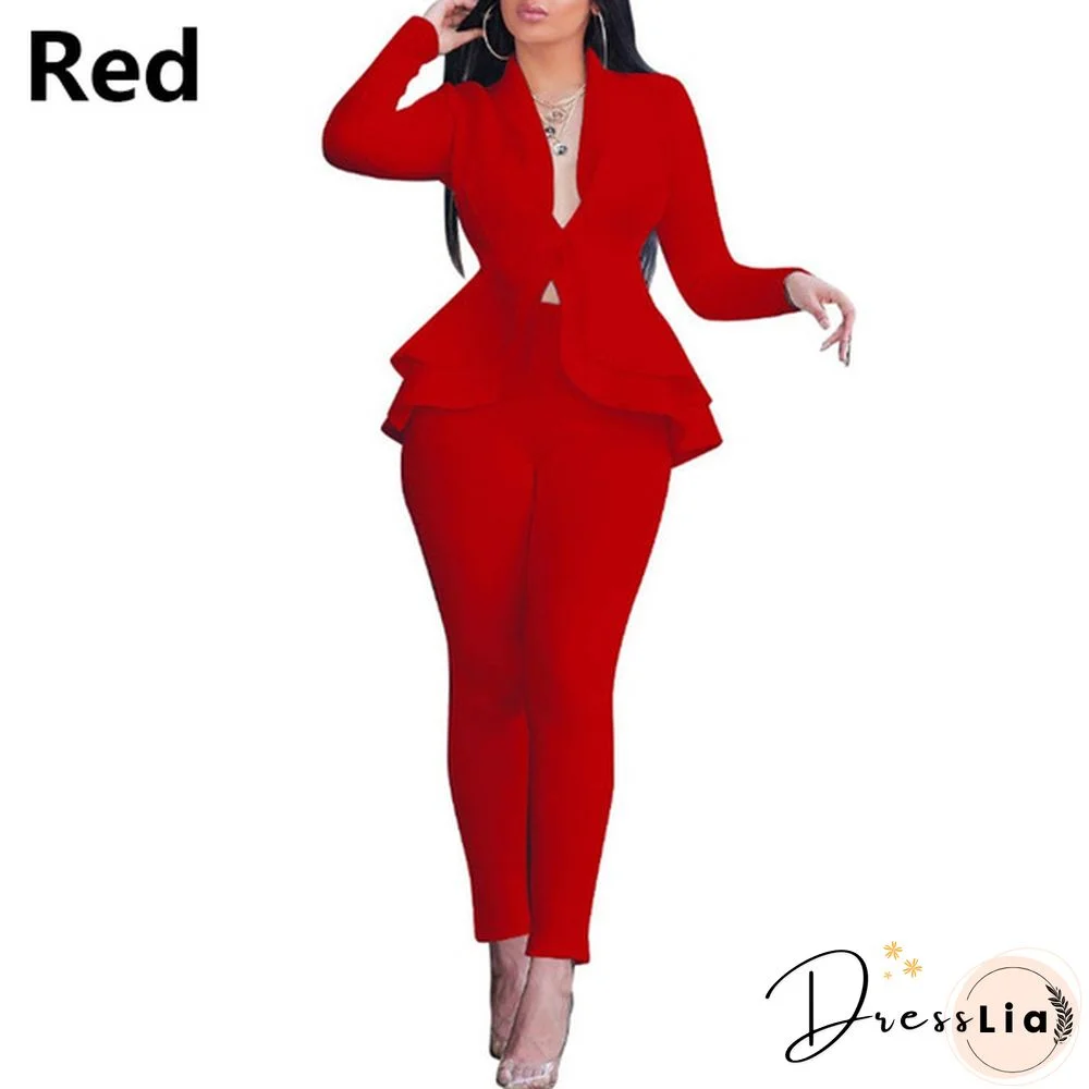 Women's Formal Work Blazer Jacket Pants Business Office Outfits Suit Set Ruffle Solid Color