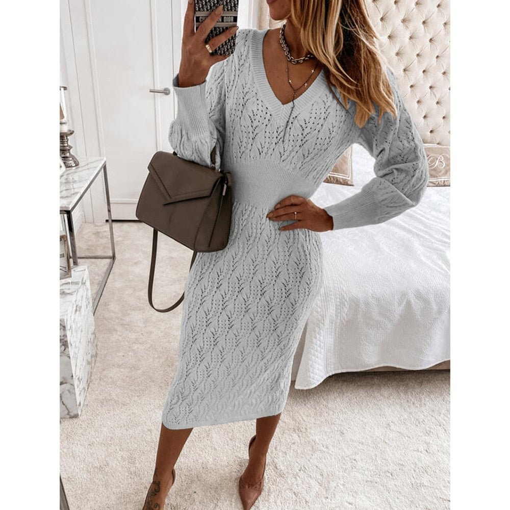 Women Vintage Hollow Out Knitted Dress Lantern Sleeve V neck Solid Outwear Elegant Casual Party Dress 2021 Winter Fashion Dress