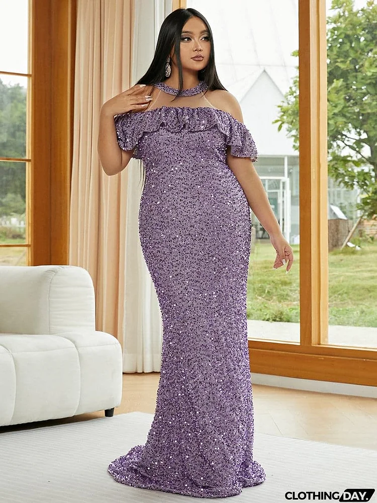 Plus Size Cold Shoulder Sequin Evening Dress PJMH3144