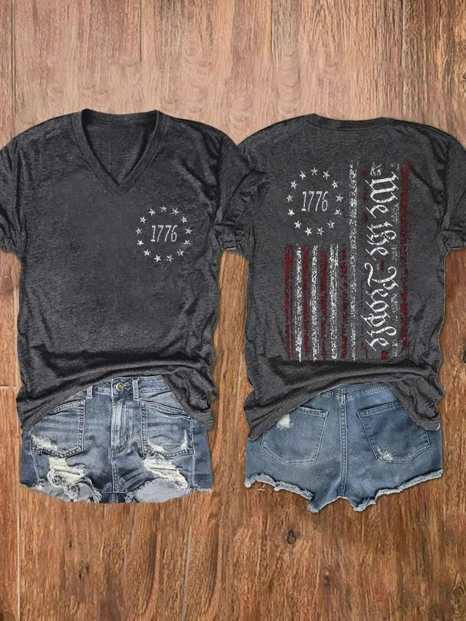 VChics Independence Day 1776 We The People Flag V Neck T-Shirt