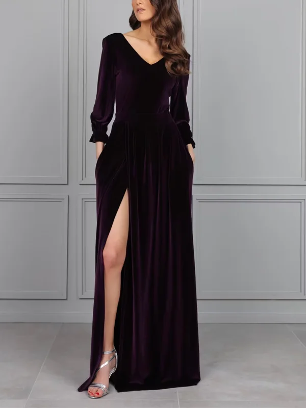 V-Neck Long-Sleeve Corduroy Maxi Dress
