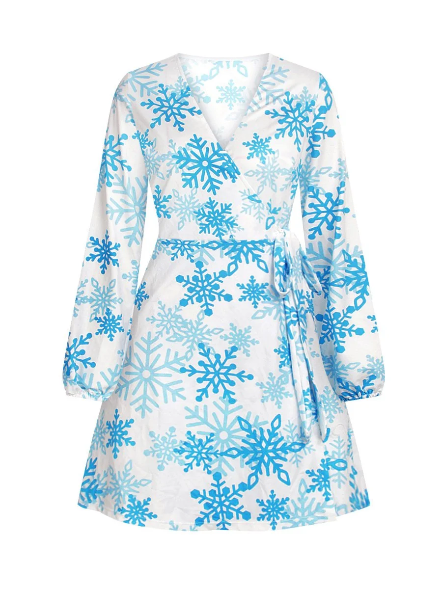 Christmas Dress For Women V-neck Printed Lace-up Long Sleeve Swing Dress
