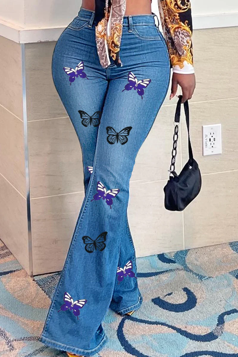 Fashion Casual Butterfly Print High Waist Regular Denim Jeans