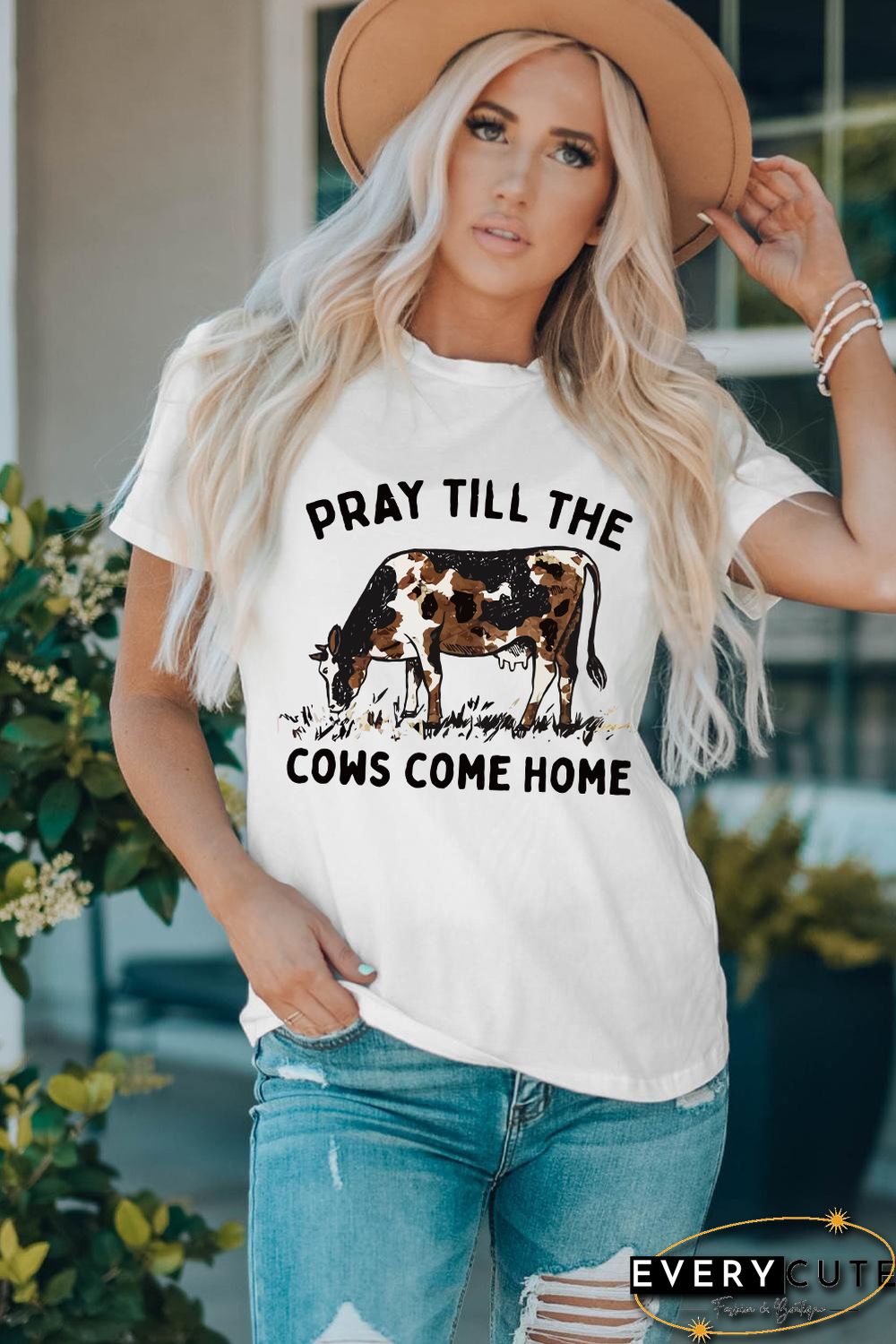 White Pray Till The Cows Come Home Graphic T Shirt