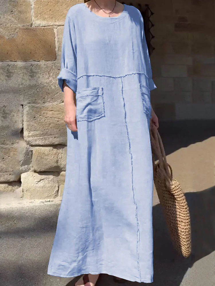 Elegant Linen Blend Long Sleeve Casual Maxi Dress