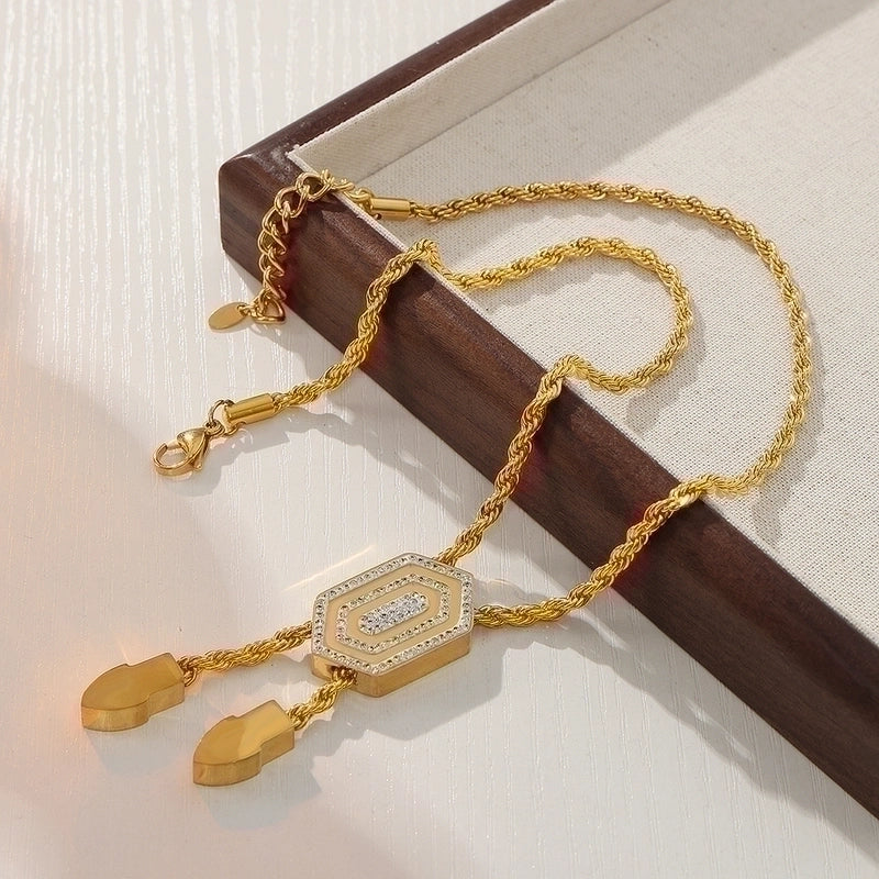 Retro Minimalist Commute Hexagon Twist Titanium Steel Rhinestones 18K Gold Plated Chain Inlay Bracelets Necklace