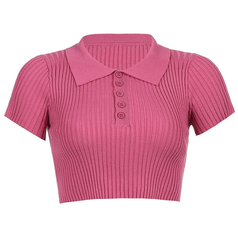 HEYounGIRL Ribbed Casual Tshirts Cotton Women Summer Short Sleeve Crop T Shirt Ladies Turn-down Collar Solid White Tee Shirt