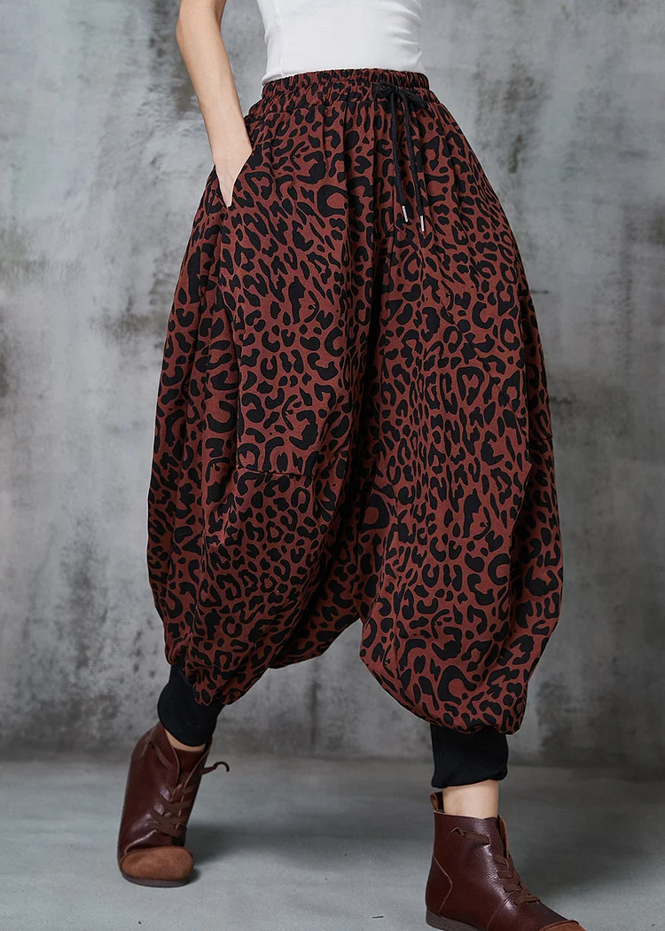 Plus Size Brick Red Oversized Leopard Print Warm Fleece Lantern Pants Spring