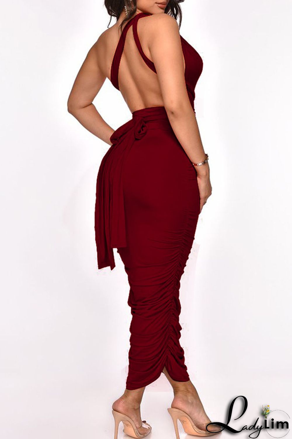 Burgundy Sexy Solid Split Joint Frenulum Fold Asymmetrical One Step Skirt Dresses