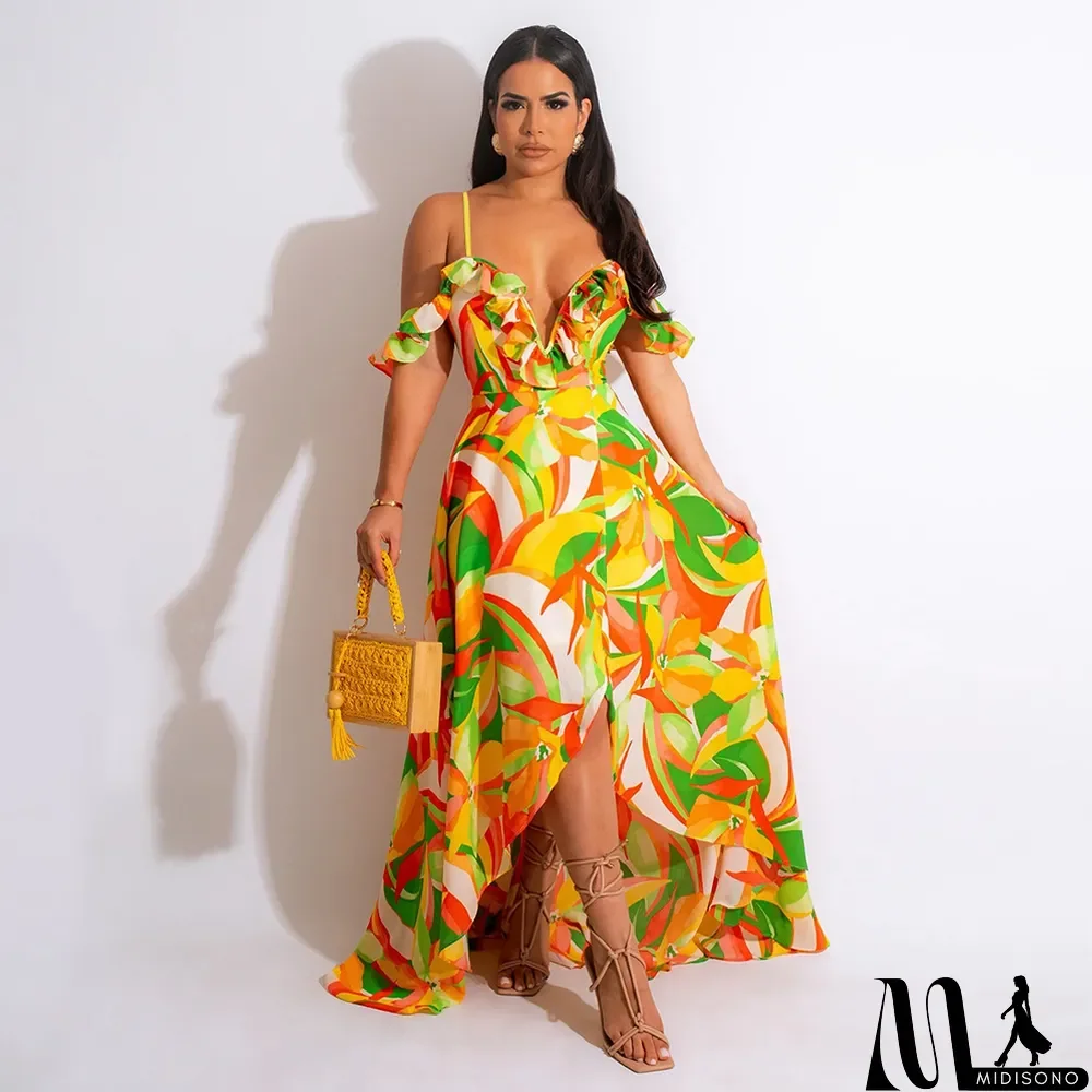 MidiSono - Sexy v-neck sling irregular print summer fashion dress