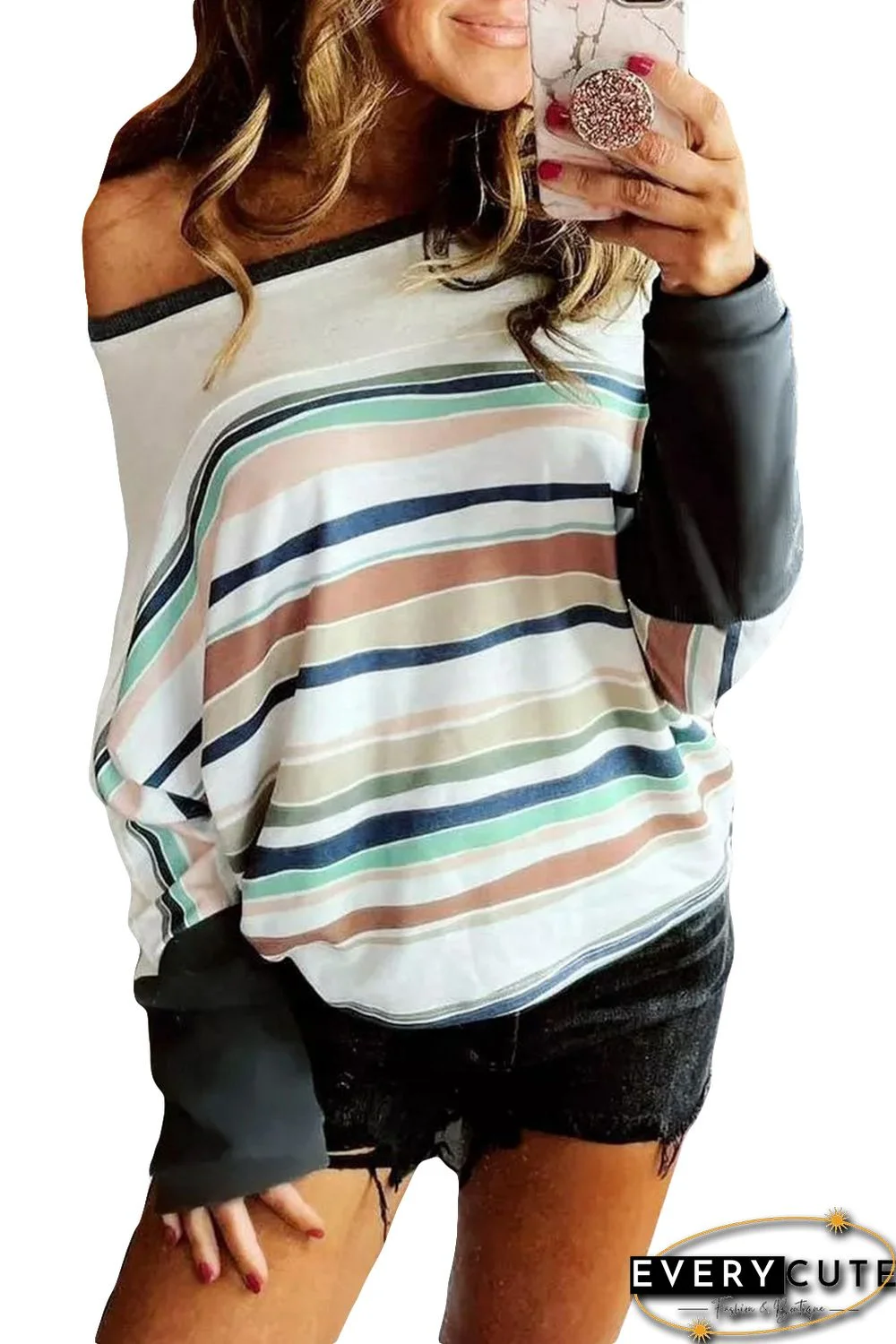 Multicolor Striped Color Block Loose Fit Long Sleeve Top