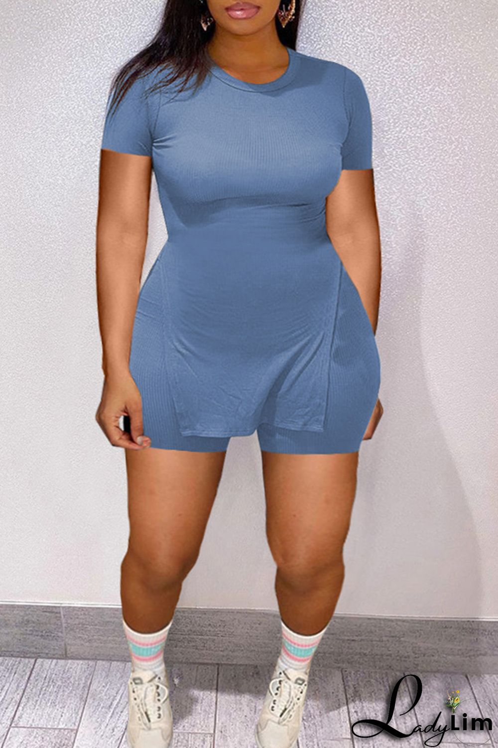 Black Fashion Casual Solid Slit O Neck Plus Size Two Pieces