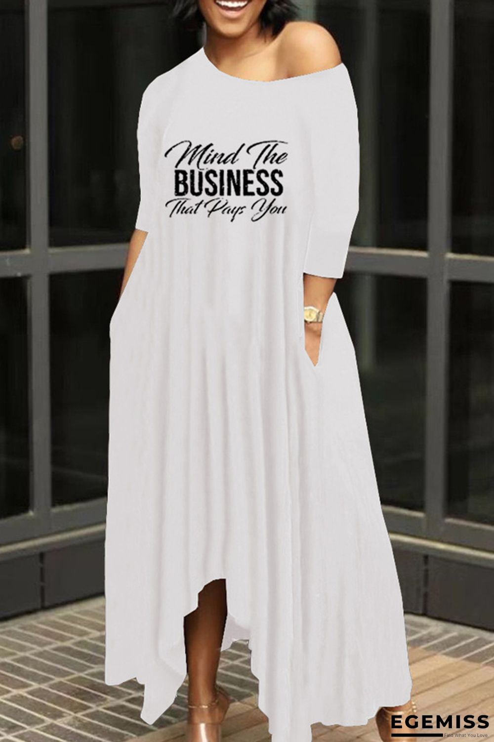 White Fashion Casual Letter Print Oblique Collar Irregular Dress | EGEMISS