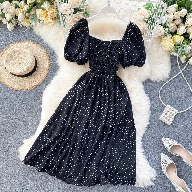 Croysier Women Floral Print Polka Dot Casual Summer Dress 2021 Lace Trim Square Neck Puff Sleeve Chiffon Midi Dress Elegant