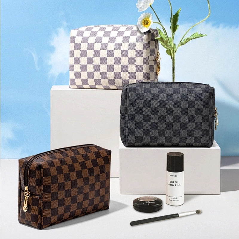 Women's Pu Leather Plaid Vintage Style Square Zipper Cosmetic Bag Wash Bag